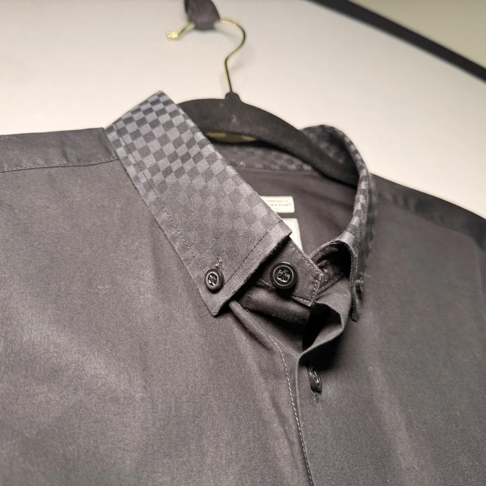 Master Cut Thomas Mason Shirt Mens XL Black Italian Fabric Checkered Trim Luxury
